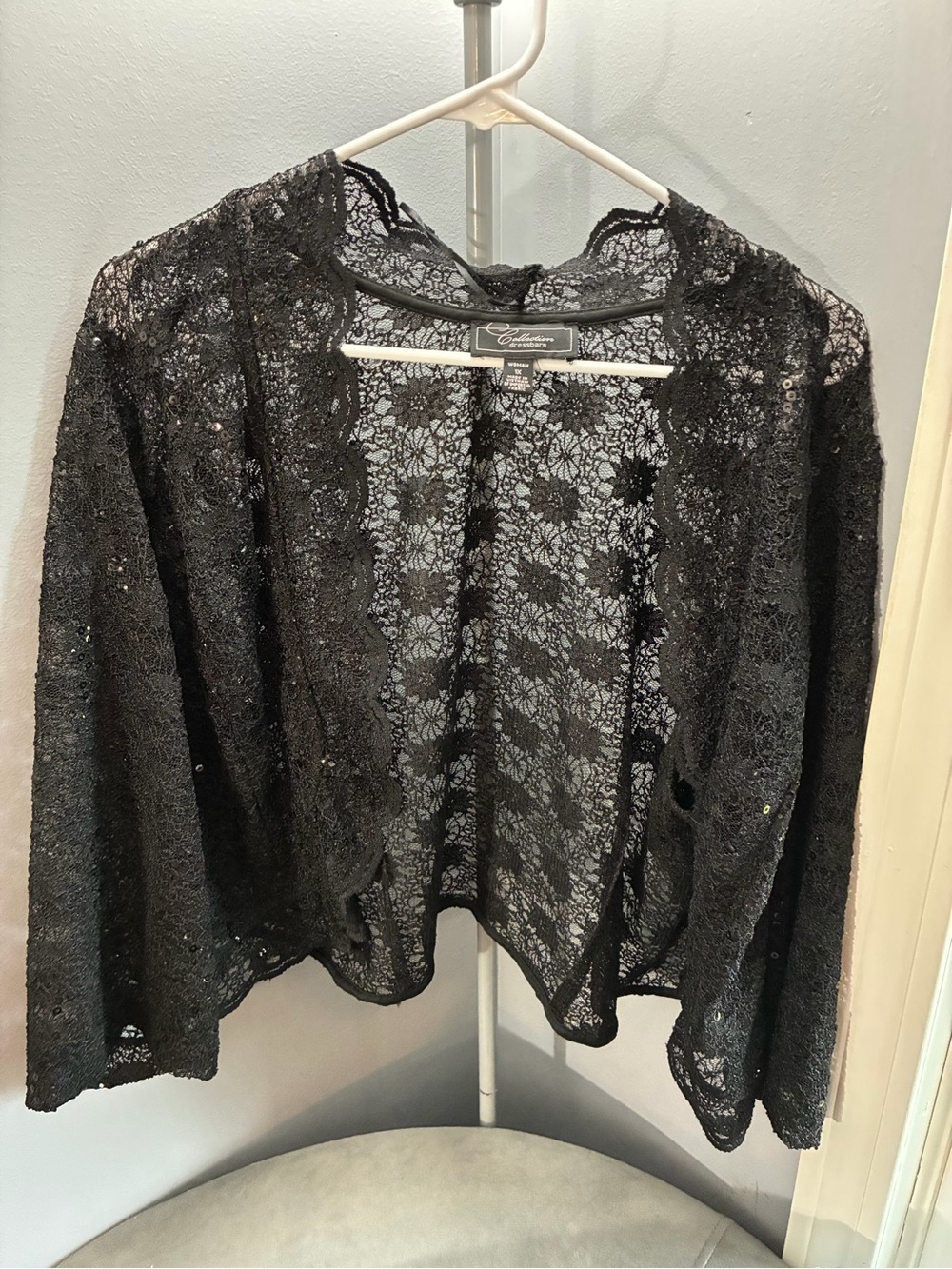 dressbarn Black Lace Open-Front Sequin Trim Cardigan